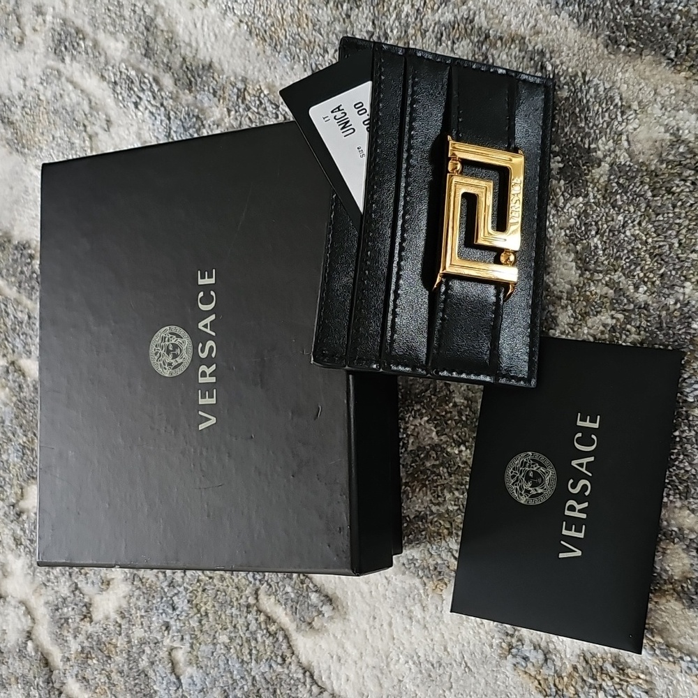 Versace Black and Gold Card Holder with Greek Key Design